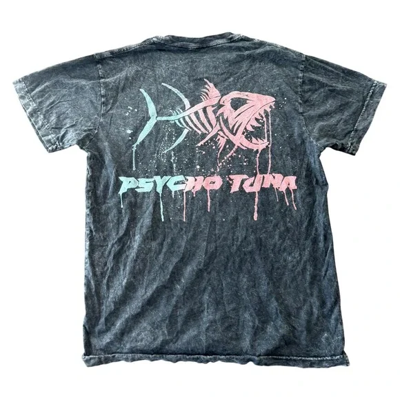 Psycho Tuna Mens Acid Wash Graphic T-Shirt Skeleton Fish Grey Teal Pink Small - Picture 1 of 7